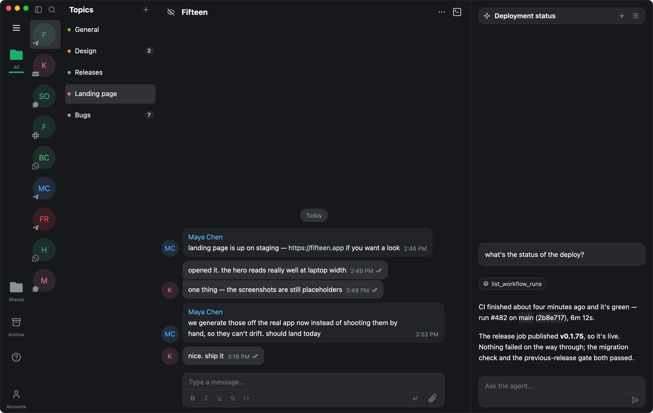 Fifteen with Telegram, Signal, WhatsApp, Slack and Gmail in one sidebar and a conversation open