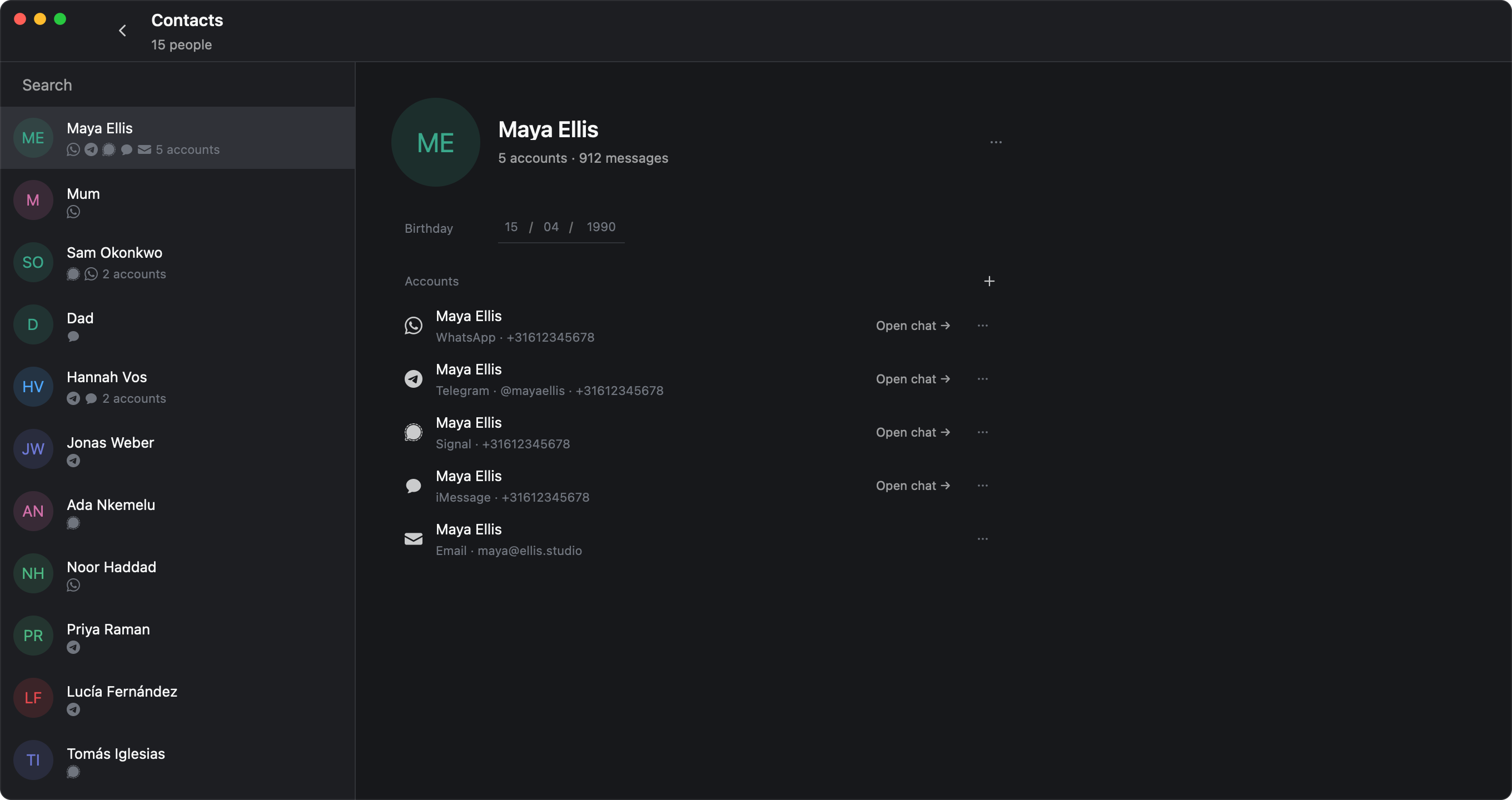 The contacts page in Fifteen: one person selected, with their WhatsApp, Telegram, Signal, iMessage and email accounts listed under one name