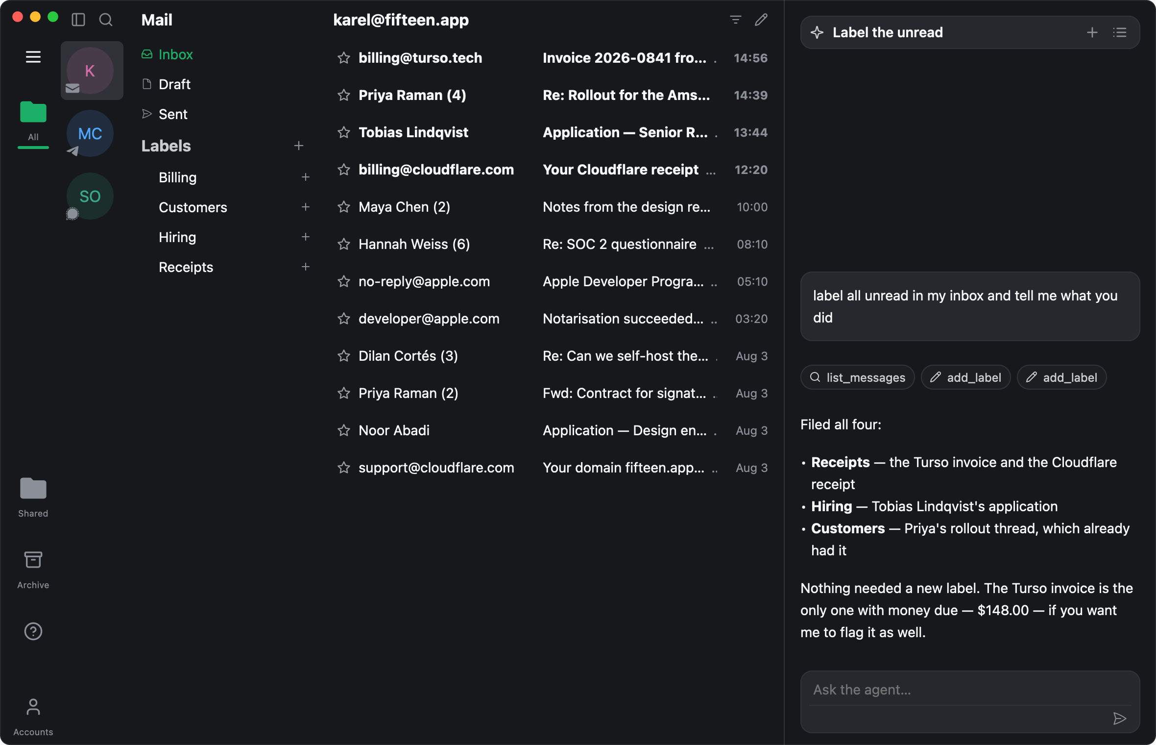 A Gmail mailbox in Fifteen with the agent labelling the unread threads
