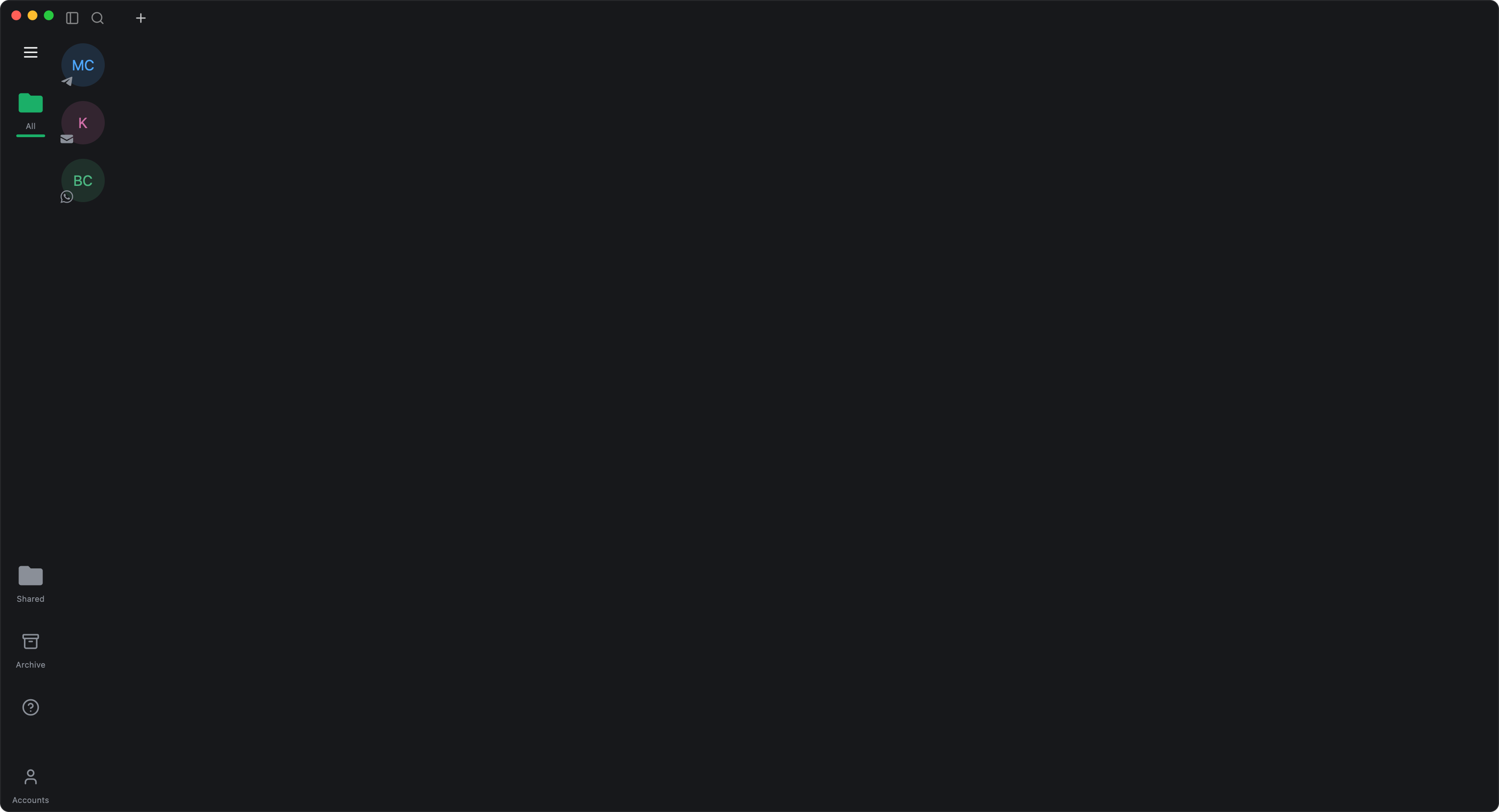 Fifteen in space mode with a Telegram chat, a WhatsApp group and a Gmail inbox side by side